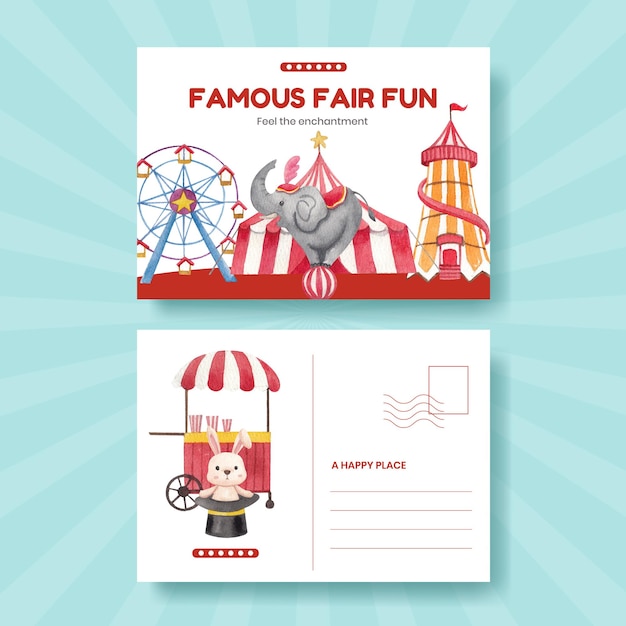 Free vector postcard template with circus funfair in watercolor style