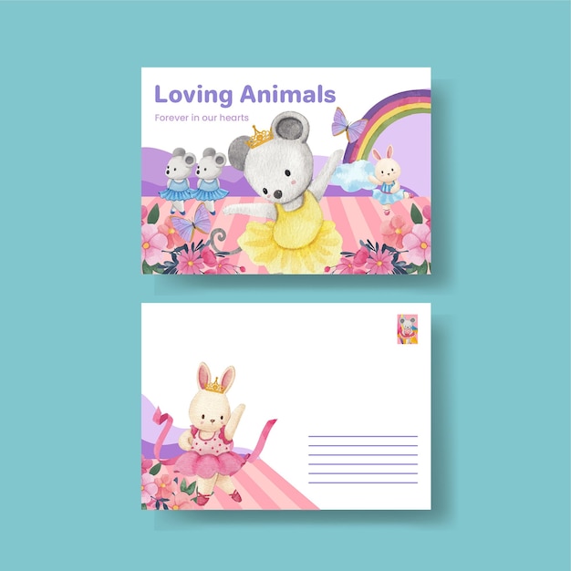 Postcard template with fairy ballerinas animals concept,watercolor style