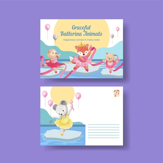 Postcard template with fairy ballerinas animals concept,watercolor style