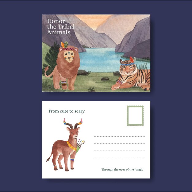 Postcard template with jungle tribal animal concept,watercolor style