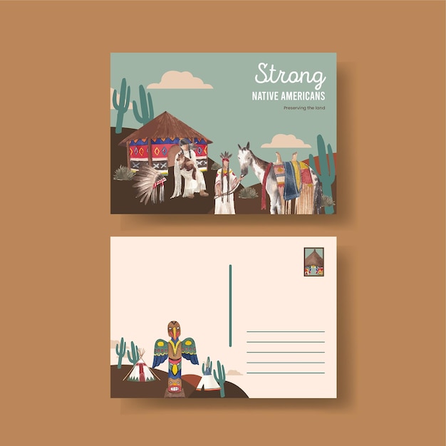 Postcard template with native american in watercolor style