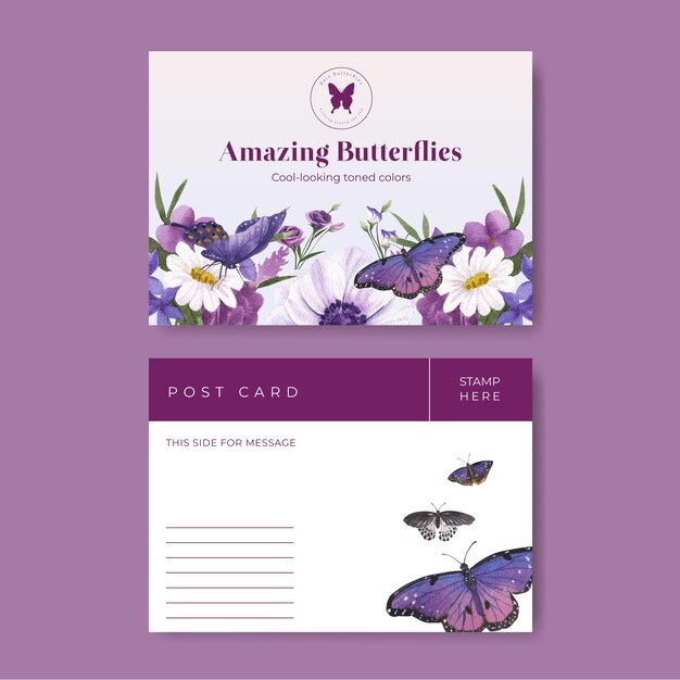 Postcard template with purple and blue butterfly in watercolor style