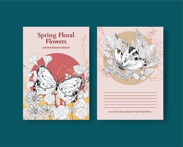 春の野生の花のコンセプトラインアートスタイルのポストカードテンプレート