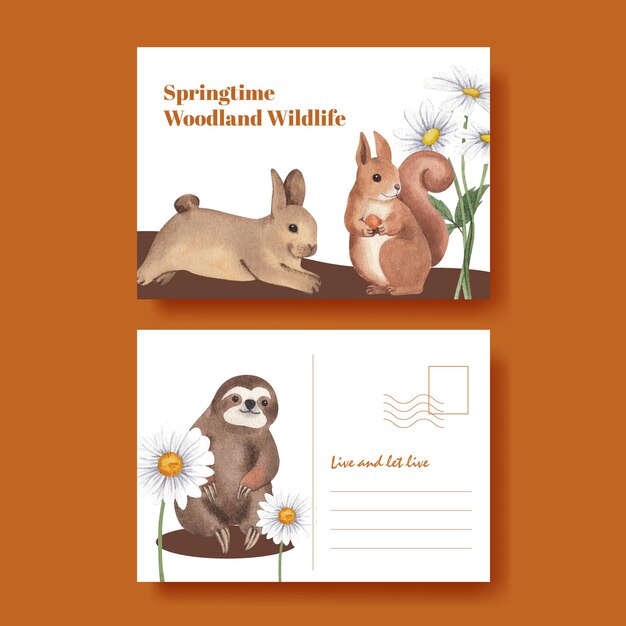 Free vector postcard template with spring woodland wildlife concept,watercolor style