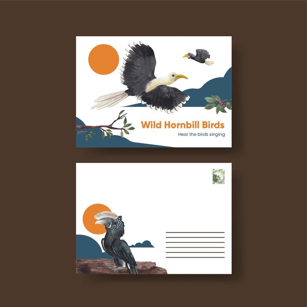 Postcard templates with hornbill bird in watercolor style