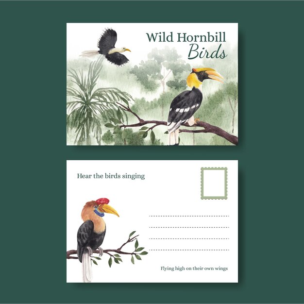 Шаблоны открыток с птицей-носорогом в стиле акварели
