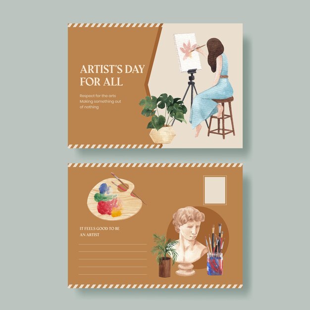 Postcard templates with international artists day in watercolor style