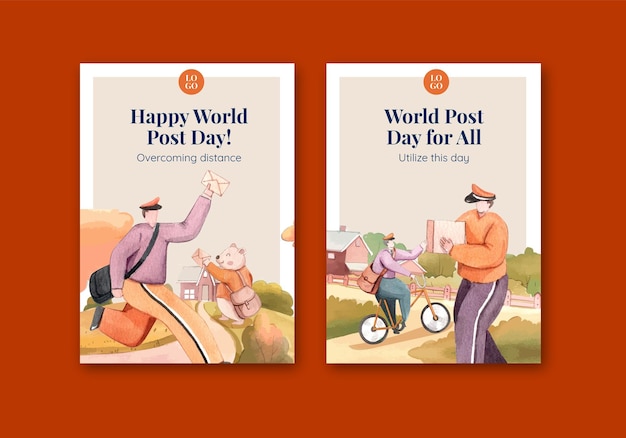 Postcard templates for world post day in watercolor style