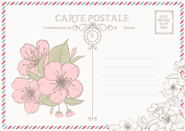Free vector postcard with post stamps and flowers.
