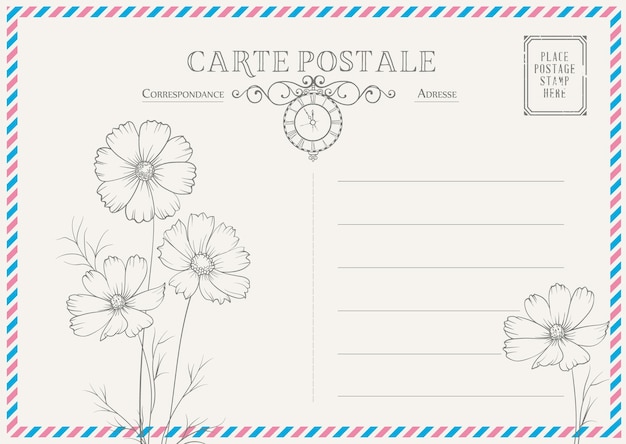 Free vector postcard with post stamps and flowers.