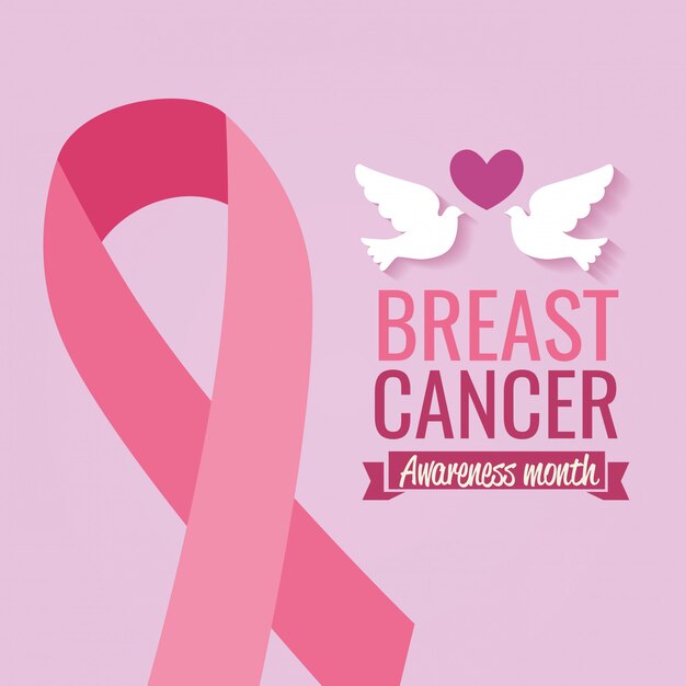 Poster breast cancer awareness month with doves and ribbon