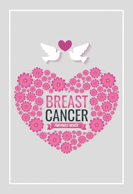 Free vector poster breast cancer awareness month with heart and doves