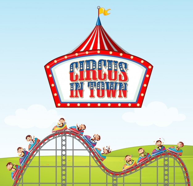 Poster design for circus in town with monkeys riding on roller coaster