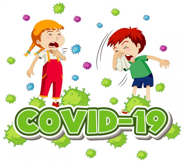 病気の子供が2人いるコロナウイルステーマのポスターデザイン