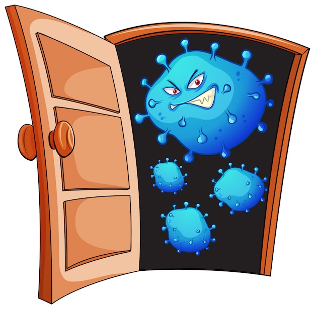 Free vector poster design for coronavirus theme with virus cells at the door
