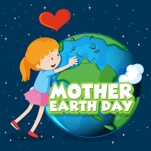 Free vector poster design for mother earth day with girl hugging earth in background