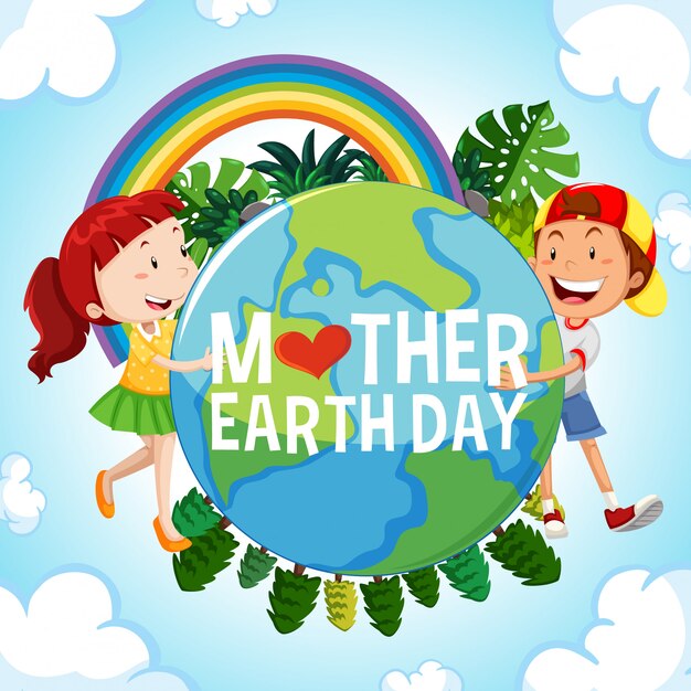 Poster design for mother earth day with happy kids in background