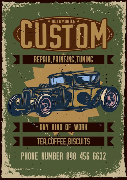 Free vector poster design with illustration of advertising of custom car service