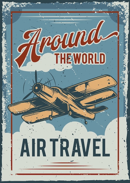 Vettore gratuito design poster con illustrazione di aeroplano nel cielo blu