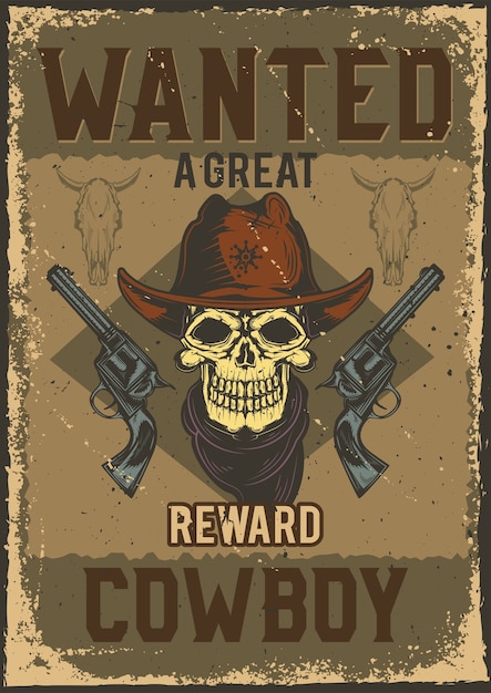 Free vector poster design with illustration of cowboy skull with guns on dusty background.