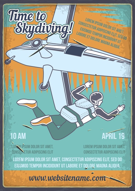 Poster design with illustration of a man with a parachute and an airplane.