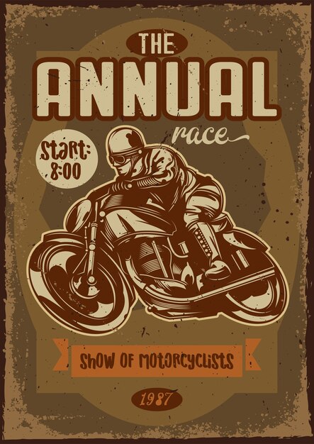 빈티지 배경에 오토바이와 라이더의 일러스트와 함께 포스터 디자인.
