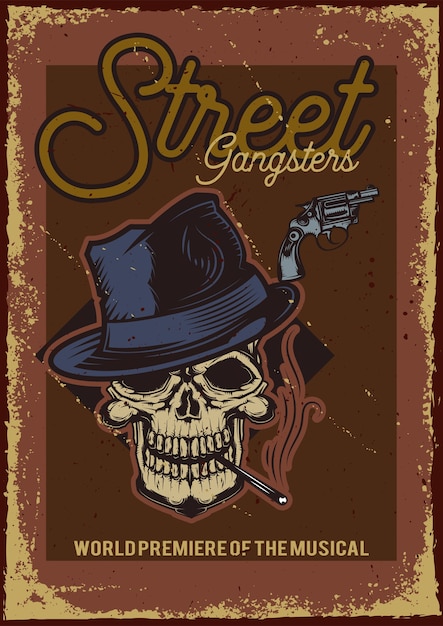 帽子とタバコの頭蓋骨のイラストとポスターデザイン