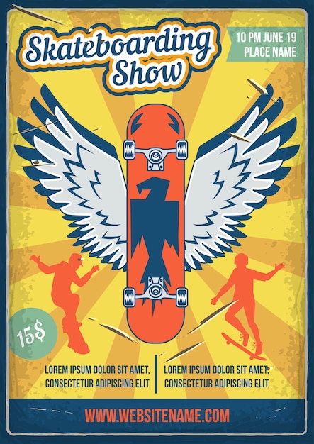 Free vector poster design with illustration of a skateboard with wings and silhouettes of people with skateboards.