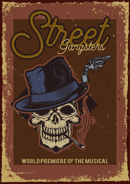 Poster design with illustration of a skull with a hat and a cigarette