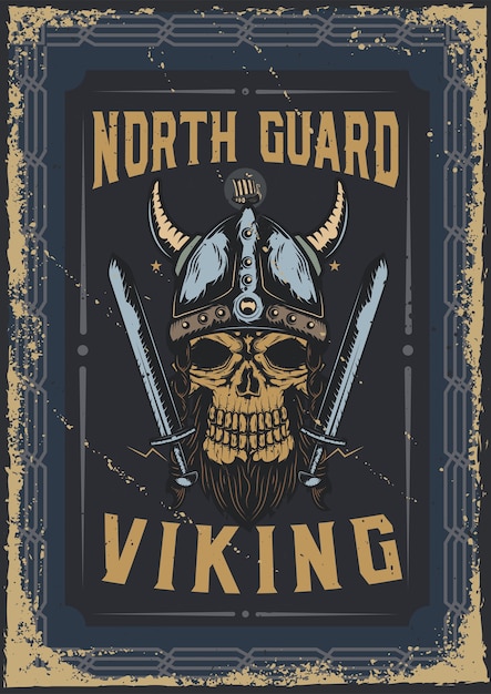 Poster design with illustration of a viking's skull with a helmet