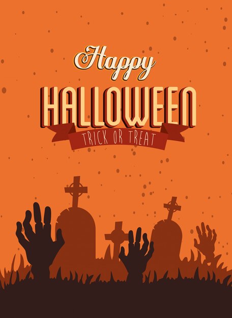 Poster happy halloween with hands zombie in cemetery