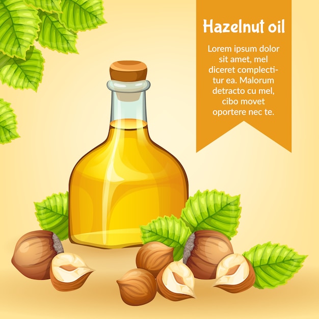 Free vector poster hazelnut oil, seed and leaf hazel.