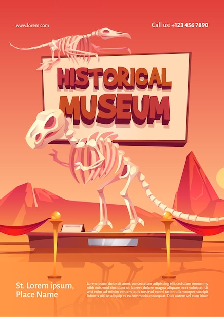 Плакат исторического музея со скелетами динозавров