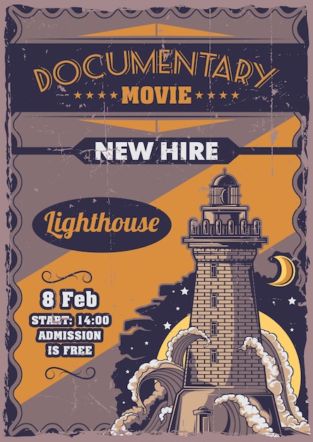 Free vector poster label design with illustration of old lighthouse.