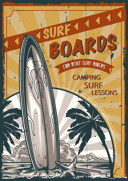 Poster label design with illustration of surfing board standing on the beach with palms and sunset