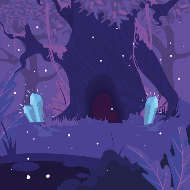 Плакат волшебного фиолетового дерева с кристаллами
