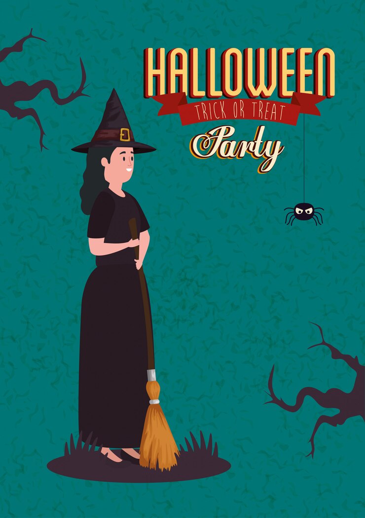 Free Vector poster of party halloween with woman disguised of witch