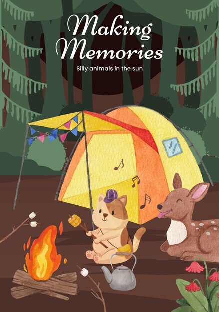 동물 캠핑 여름 컨셉이 있는 포스터 템플릿 수채화 스타일