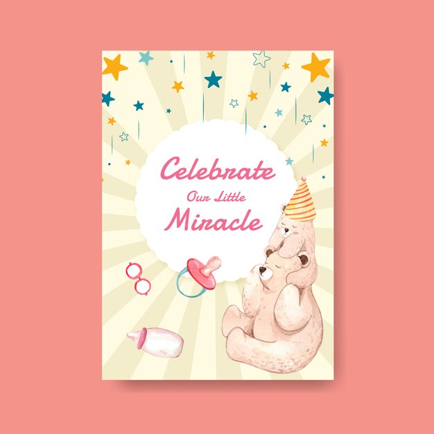 Poster template with baby shower design concept for advertise and marketing watercolor vector illustration.