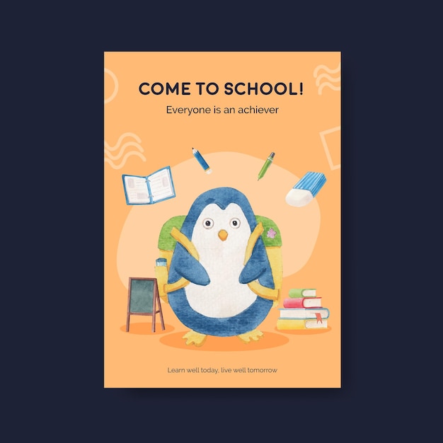 Poster template with back to school and cute animals concept,watercolor style