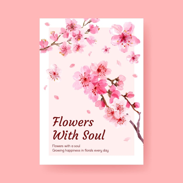 Free vector poster template with cherry blossom concept design for advertise and marketing watercolor illustration