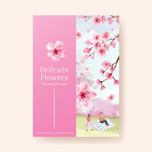 Poster template with cherry blossom concept design for advertise and marketing watercolor illustration
