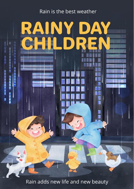 Poster template with children rainy season conceptwatercolor style