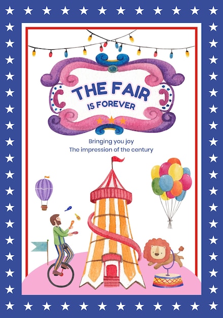 Free vector poster template with circus funfair in watercolor style