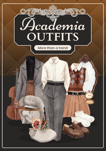 Poster template with dark academia outfit conceptwatercolor