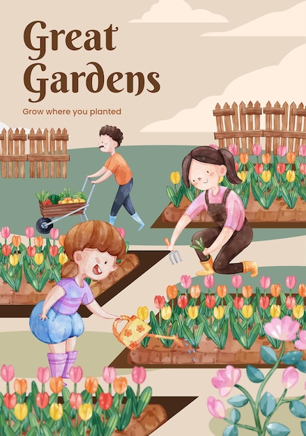 Poster template with gardening home conceptwatercolor stylexA