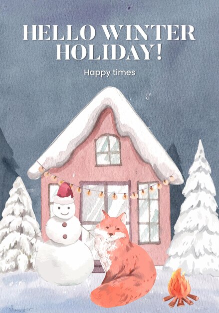 Poster template with happy winter in watercolor style