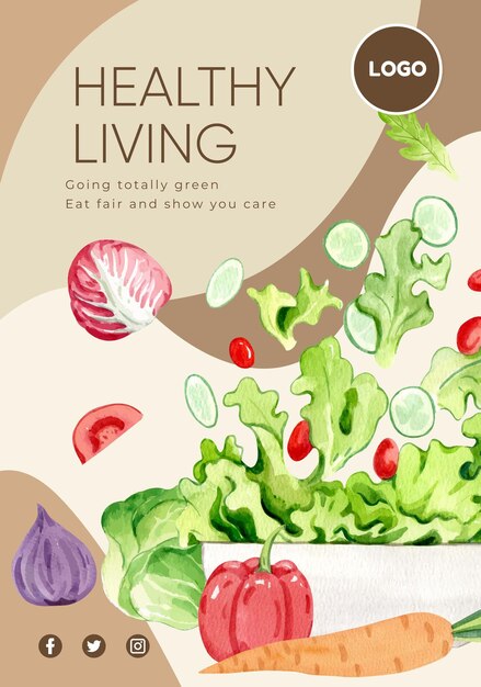 Poster template with healthy salad conceptwatercolor stylexa