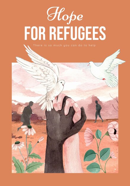 Free vector poster template with hope refugees safe conceptwatercolor style