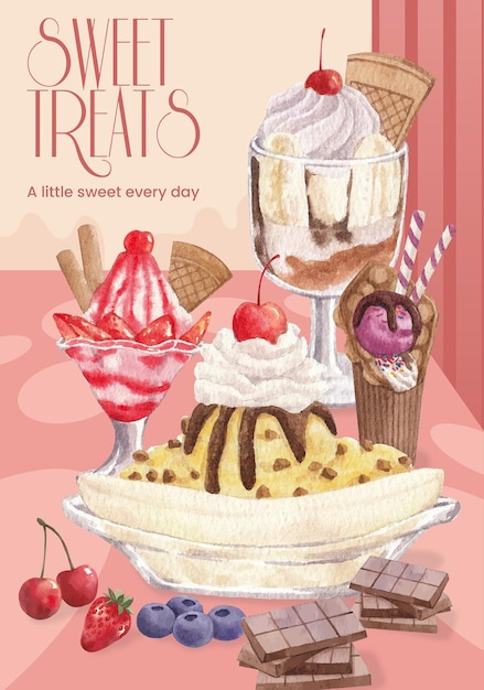 무료 벡터 아이스크림 맛 컨셉이 있는 포스터 템플릿수채화 스타일